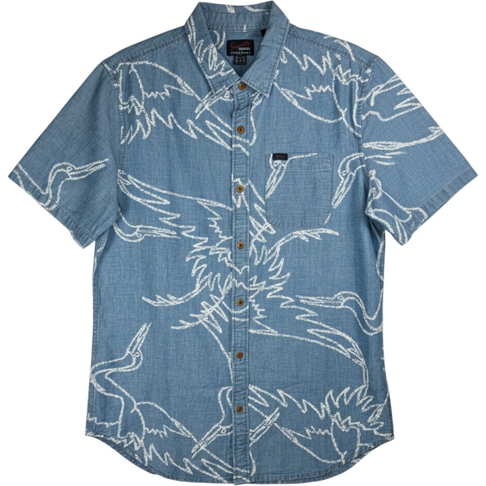 Superdry Short Sleeve Button Down Shirt Mens Large Blue Crane Print M4010624A